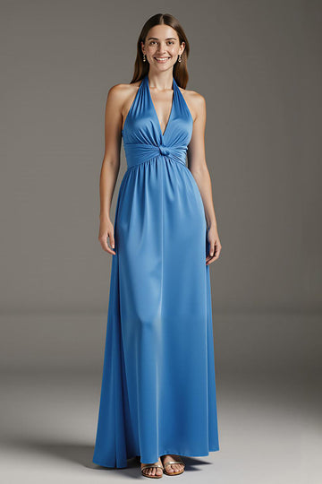 Robe longue formelle en satin bleu lac
